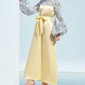 Floral exaggerate Bishop sleeve belted Yellow dress